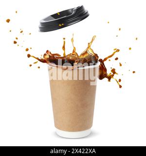 Aromatic coffee splashing in takeaway paper cup and flying lid on white background Stock Photo