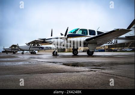 Local pilots attend the 305th Air Mobility Wing's Mid-Air Collision Avoidance fly-in at Joint Base McGuire-Dix-Lakehurst, N.J., April 20, 2024. The MACA program is designed to ensure safety practices are observed between military and civilian pilots who share a common airspace. Stock Photo