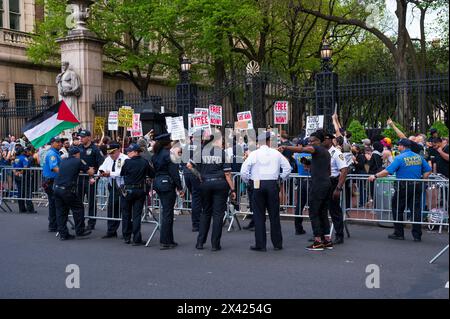 New York, USA. 29th Apr, 2024. Hundreds protest at the university gates as negotiations with University administration fails to reach consensus. Students at encampment on University grounds demand disclosure of University investments involved with Israel's occupation of Palestine, divestment of those investments, and amnesty for students arrested at the encampment by the police. Credit: M. Stan Reaves/Alamy Live News Stock Photo