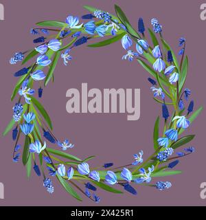 Wreath of snowdrops and muscari on a purple background Stock Vector
