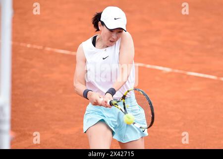 Madrid, Spain. 29th Apr, 2024. Zheng Saisai hits a return during the women's doubles round of 16 match between Wang Xinyu/Zheng Saisai of China and Demi Schuurs of the Netherlands/Luisa Stefani of Brazil at the Madrid Open tennis tournament in Madrid, Spain, April 29, 2024. Credit: Gustavo Valiente/Xinhua/Alamy Live News Stock Photo