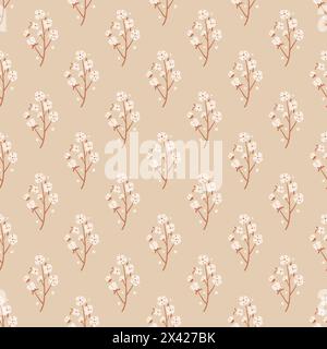 Hand drawn seamless pattern with cotton branch flowers. Plant of cotton with bolls endless background. Vector flat illustration. Stock Vector