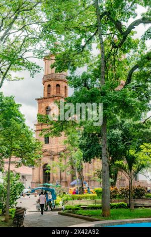 San Gil, Santander, Colombia, April 26, 2024, view of the San Gil Cathedral from the main park Stock Photo