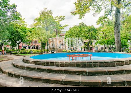 San Gil, Santander, Colombia, April 26, 2024, view of the main park of San Gil with the fountain in the center without water, due to the shortage due Stock Photo