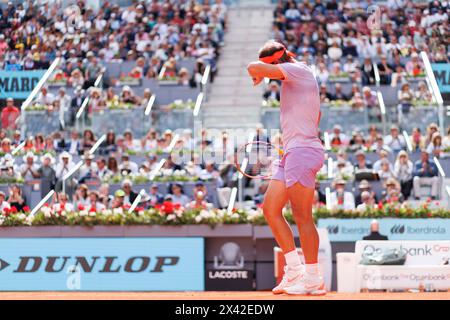 Madrid, Spain. 29th Apr, 2024. Rafael Nadal of Spain plays against Pedro Cachin (not in picture) of Argentina during the Mutua Madrid Open 2024 tournament at La Caja Magica. Final score; Rafael Nadal 2:1 Pedro Cachin. (Photo by Guillermo Martinez/SOPA Images/Sipa USA) Credit: Sipa USA/Alamy Live News Stock Photo