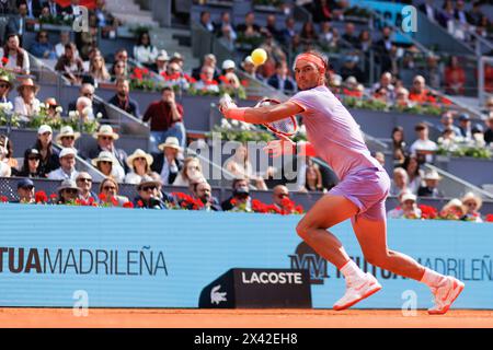 Madrid, Spain. 29th Apr, 2024. Rafael Nadal of Spain plays against Pedro Cachin (not in picture) of Argentina during the Mutua Madrid Open 2024 tournament at La Caja Magica. Final score; Rafael Nadal 2:1 Pedro Cachin. (Photo by Guillermo Martinez/SOPA Images/Sipa USA) Credit: Sipa USA/Alamy Live News Stock Photo