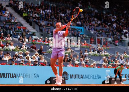 Madrid, Spain. 29th Apr, 2024. Rafael Nadal of Spain plays against Pedro Cachin (not in picture) of Argentina during the Mutua Madrid Open 2024 tournament at La Caja Magica. Final score; Rafael Nadal 2:1 Pedro Cachin. (Photo by Guillermo Martinez/SOPA Images/Sipa USA) Credit: Sipa USA/Alamy Live News Stock Photo