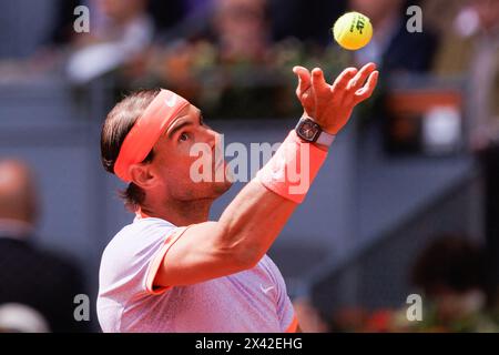 Madrid, Spain. 29th Apr, 2024. Rafael Nadal of Spain plays against Pedro Cachin (not in picture) of Argentina during the Mutua Madrid Open 2024 tournament at La Caja Magica. Final score; Rafael Nadal 2:1 Pedro Cachin. (Photo by Guillermo Martinez/SOPA Images/Sipa USA) Credit: Sipa USA/Alamy Live News Stock Photo