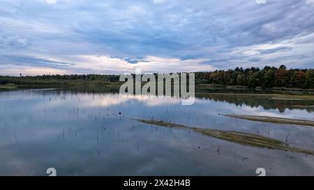 The image conveys a moment of tranquility at dusk with a view across a calm lake reflecting the evening sky. The horizon is lined with a forest showing early signs of autumnal color, adding a touch of warmth to the cool tones of the waterscape. The sky, painted with soft streaks of clouds, mirrors on the water's surface, creating a symmetrical natural beauty. Reflective Lake at Dusk with Autumnal Forest Horizon. High quality photo Stock Photo