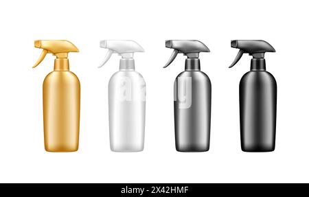 Set of isolated plastic spray pistol cosmetic bottle mockups - golden, silver, white, black. Packaging design. Blank cleaning, hygiene product contain Stock Vector