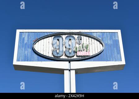 WHITTIER, CALIFORNIA - 28 APR 2024: Sign at the 99 Cent Only store on Whittier Boulevard. Stock Photo