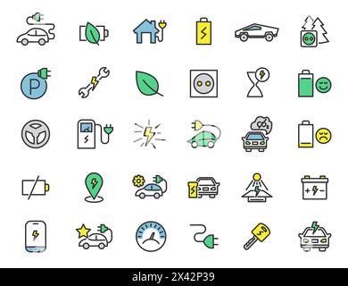 Set of linear electric car icons. Chrager station icons in simple design. Vector illustration Stock Vector