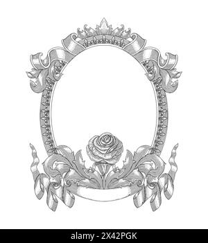antique rose frame with floral ornament and banner, Vintage engraving drawing vector illustration Stock Vector