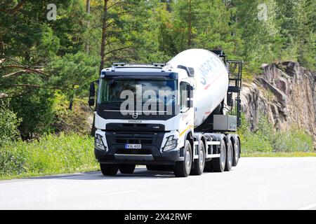 Volvo FMX concrete mixer truck of Swerock Oy, the largest supplier of aggregates and ready-mixed concrete in the Nordic countries. Salo, FI. Aug-9-23. Stock Photo