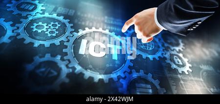 ICT. Information communication technology concept on mixed media background Stock Photo