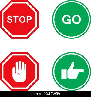 Stop and go signs in red and green with hand. Stock Vector