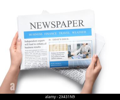 Female hands with different newspapers on white background Stock Photo
