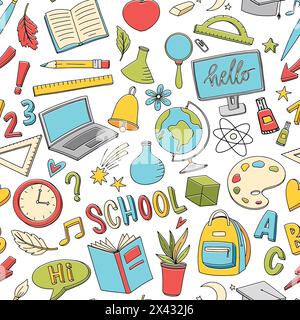 Funny seamless pattern with hand drawn doodle school supplies and creative elements. Back to school vector background. Stock Vector