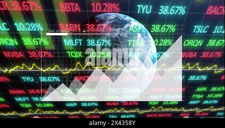 Image of statistics and financial data processing over globe on black background Stock Photo