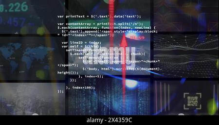 Image of arrows and financial data processing over screens Stock Photo