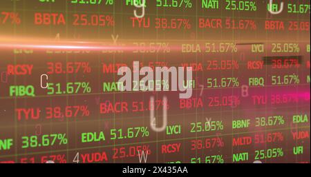Image of letters and financial data processing over black background Stock Photo