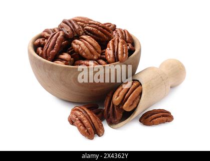 Tasty pecan nuts in bowl and scoop isolated on white Stock Photo