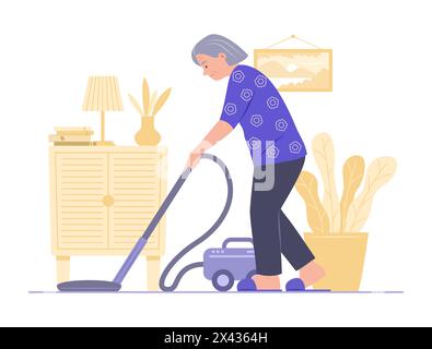 Senior Woman Cleaning House with Electric Vacuum Cleaner Stock Vector