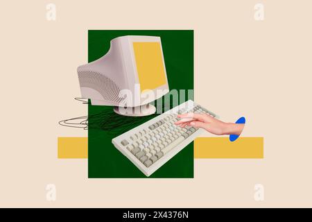 Sketch image composite photo collage of watch retro computer monitor device screen hand appear from hole type write keyboard touch finger Stock Photo