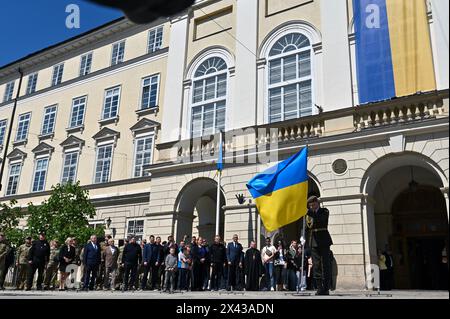 Non Exclusive: LVIV, UKRAINE - APRIL 27, 2024 - The flags of military and defence agencies of Ukraine are being displayed during the celebration of Lv Stock Photo