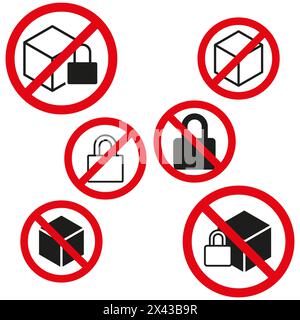 No package lock symbols set. Vector unlocked box signs. Prohibited security padlock icons. Stock Vector