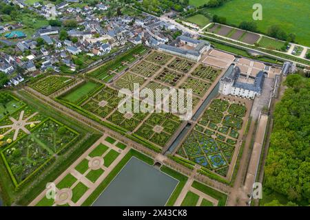 (240430) -- ORLEANS, April 30, 2024 (Xinhua) -- An aerial drone photo taken on April 27, 2024, shows the view of Villandry Castle in Loire Valley, France. The chateaux of the Loire Valley are part of the architectural heritage of the historic towns of Amboise, Angers, Blois, Chinon, Montsoreau, Orleans, Saumur, and Tours along the river Loire in France. They illustrate Renaissance ideals of design in France. (Xinhua/Meng Dingbo) Stock Photo