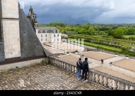 (240430) -- ORLEANS, April 30, 2024 (Xinhua) -- Tourists visit the Villandry Castle in Loire Valley, France, April 27, 2024. The chateaux of the Loire Valley are part of the architectural heritage of the historic towns of Amboise, Angers, Blois, Chinon, Montsoreau, Orleans, Saumur, and Tours along the river Loire in France. They illustrate Renaissance ideals of design in France. (Xinhua/Meng Dingbo) Stock Photo