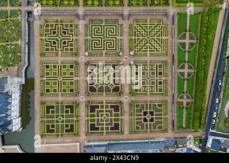 (240430) -- ORLEANS, April 30, 2024 (Xinhua) -- An aerial drone photo taken on April 27, 2024, shows the view of a garden of Villandry Castle in Loire Valley, France. The chateaux of the Loire Valley are part of the architectural heritage of the historic towns of Amboise, Angers, Blois, Chinon, Montsoreau, Orleans, Saumur, and Tours along the river Loire in France. They illustrate Renaissance ideals of design in France. (Xinhua/Meng Dingbo) Stock Photo