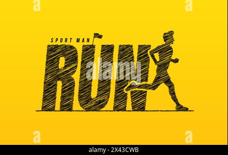 Run scribble text with sport running man on yellow background, Hand drawn running lettering typography concept, Motivation quote, Runner vector illust Stock Vector