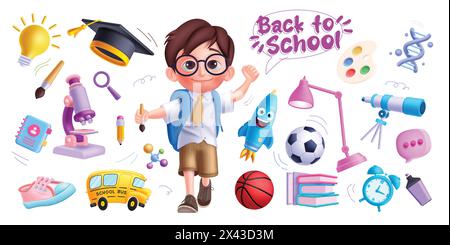Back to school elements vector design. Back to school boy kid character with educational element microscope, bus, shoes, rocket, notebook and books Stock Vector