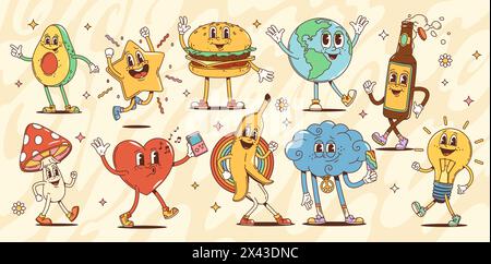 Cartoon groovy characters, mushroom and avocado, star and burger, globe and beer bottle, heart and banana, cloud and light bulb. Vector funky psychedelic personages in retro cartoon hippie 60s or 70s Stock Vector