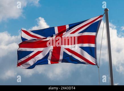 Union Jack, The British Flag, International Bomber Command Centre, Lincoln, arboretum site, national remembrance, spire monument, beacon, memorial. Stock Photo