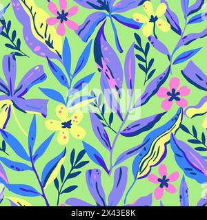 Colorful vivid psychedelic tropical seamless pattern. Vector hand drawn illustration for design Stock Vector