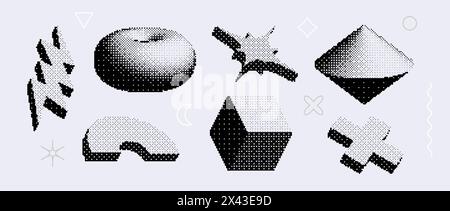Bitmap textured shapes set. Dither halftone geometric objects collection. Black torus, cube, cross, star, bolt elements for banner, poster, leaflet. Pixelated 3d raster effect bundle. Vector pack Stock Vector