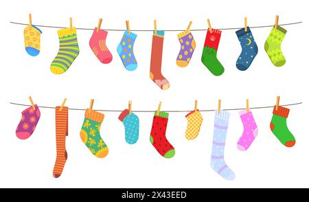Color cotton and wool socks on clothesline. Socks hanging on a rope with clothepins. Family laundry on a rope, color clothing on clothesline or cartoon vector wool socks hanging and drying Stock Vector