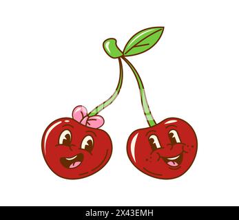 Retro groovy cherry twins character. Sweet red fruits vector comic personage with happy smiling faces and pink ribbon bow. Cartoon pair of cherry fruits groovy emoticon or summer berries emoji Stock Vector