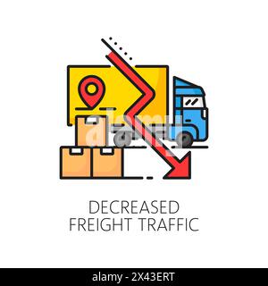 Decreased freight traffic color line icon, vector economic crisis, business and finance recession, bankruptcy, international trade drop. Outline delivery truck with down arrow graph and import cargo Stock Vector