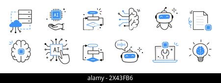Artificial ai brain icon. Ai machine digital robot hand drawn doodle line icon. Artificial brain algorithm machine science concept. Hand drawn sketch style cute blue line. Vector illustration Stock Vector
