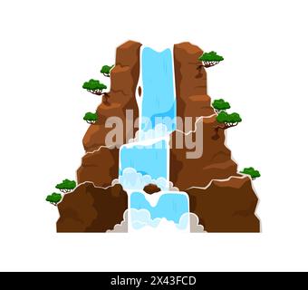 Cartoon waterfall and water cascade with green trees and rocks. Isolated vector rocky hill with falling flows, natural environment or park decoration. Water streams falling down with splashes Stock Vector