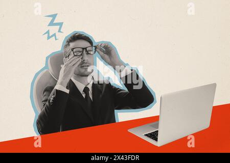 Trend artwork sketch image composite photo collage of silhouette tired young guy office manager close eyes work laptop sleepy overloaded Stock Photo