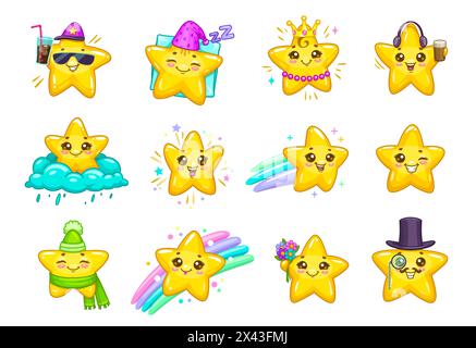 Cartoon cute kawaii stars and twinkle personage characters with happy smiles and faces. Shooting, winking and sleeping stars emoticons with cloud, rainbow, princess gold crown, sunglasses and flowers Stock Vector