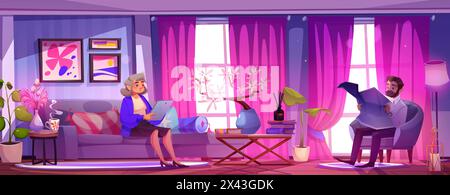 Pink home living room interior with sofa design. Couch, lamp, table furniture and hanging curtain in modern fancy apartment lounge. Reading man and woman in livingroom with purple wall graphic. Stock Vector