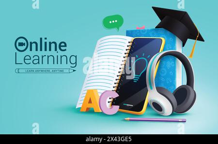 Online learning vector design. Back to school online education with mobile phone, notebook, books and graduation cap elements for e learning courses Stock Vector