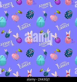 Anthropomorphic Easter egg family. Babies and parents. Babies with bunny ears. Purple background. Happy Easter inscription. Seamless colored pattern Stock Vector