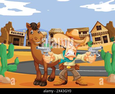 Cartoon cowboy with guns alongside his horse. Stock Vector